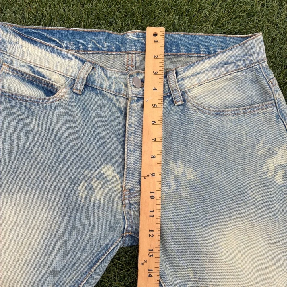 MNML Mens 32x33 Slim Fit Acid Wash Distressed Hem Denim Jeans Light Blue